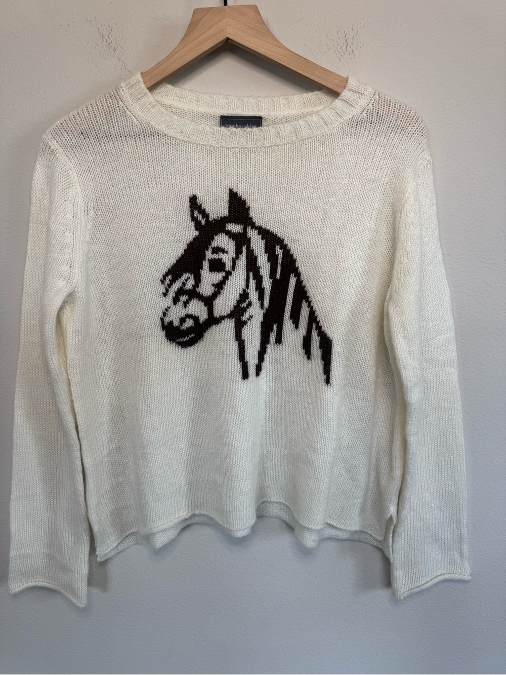 Wooden Ships Horse Graphic Mohair Wool Blend Knot Sweater XS/S Equestrian Ivory